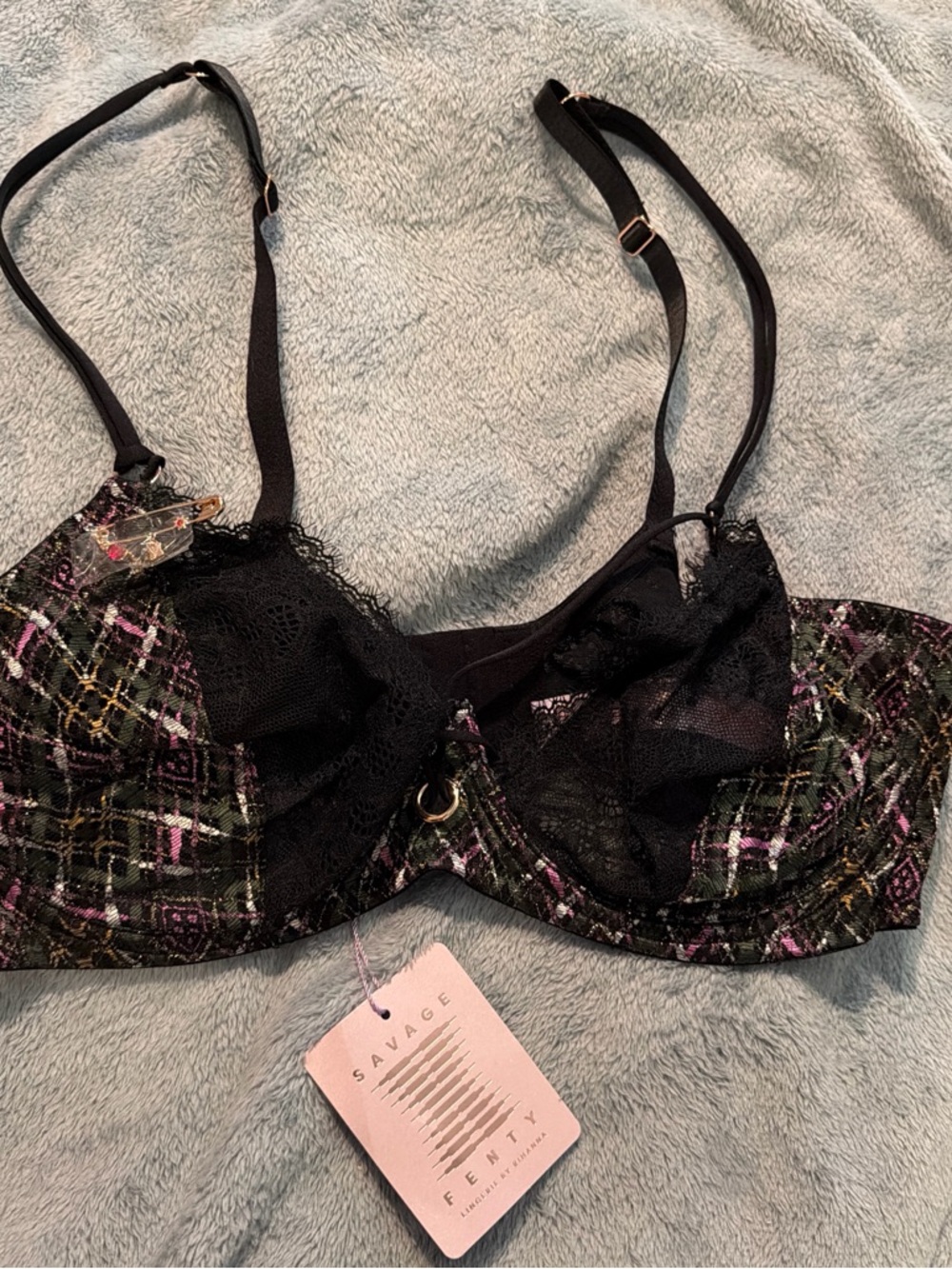 Savage X Fenty Black Plaid Lace Underwire Bra 36DD